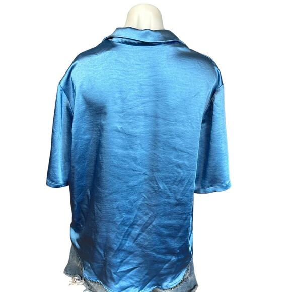 House of Harlow Dusty Blue Satin Oversize Button Down Shirt SMALL Boxy $158 NEW - Picture 6 of 7